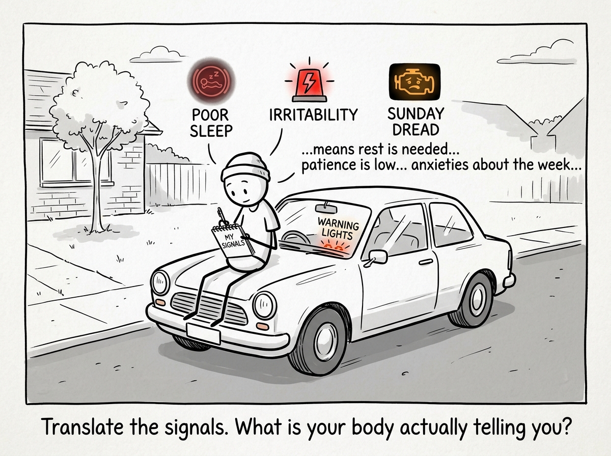 A stick figure sitting on the hood of the parked car, writing down what each warning light means -- poor sleep, irritability, Sunday dread.