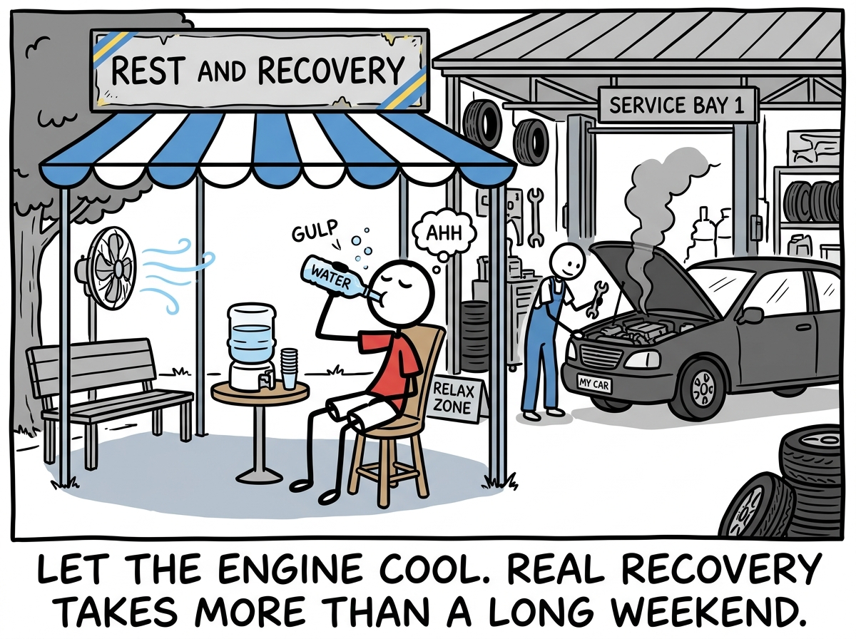 A stick figure at a mechanic shop labeled 'Rest and Recovery,' the car being serviced, the figure drinking water and sitting in the shade.
