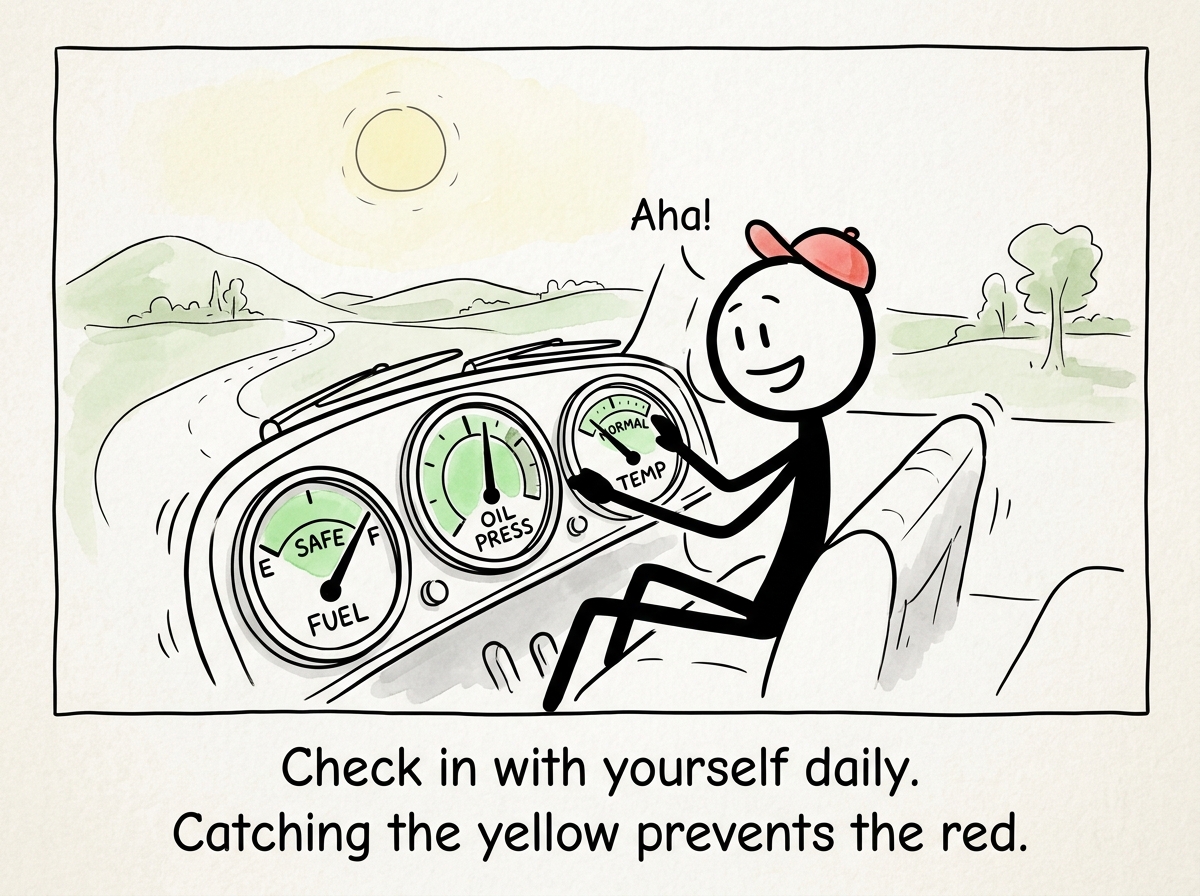 A stick figure driving again at a calm speed, a new habit of checking the dashboard every morning, all gauges in the green.