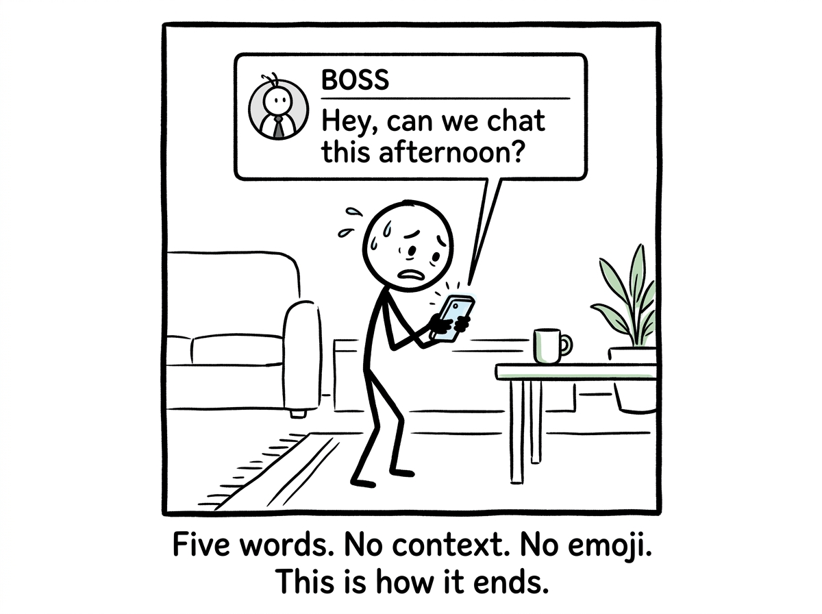 A stick figure looking at their phone with a message bubble from 'Boss' that reads 'Hey, can we chat this afternoon?'