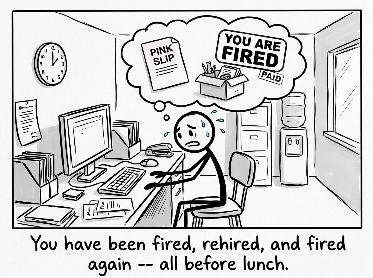 The stick figure at their desk with sweat droplets, thought bubbles showing a pink slip, a cardboard box of desk items, and a 'YOU ARE FIRED' stamp