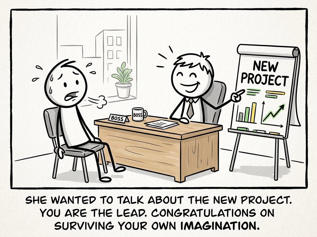 The stick figure sitting across from the boss who is smiling and pointing at a chart labeled 'New Project' while the stick figure looks stunned and relieved