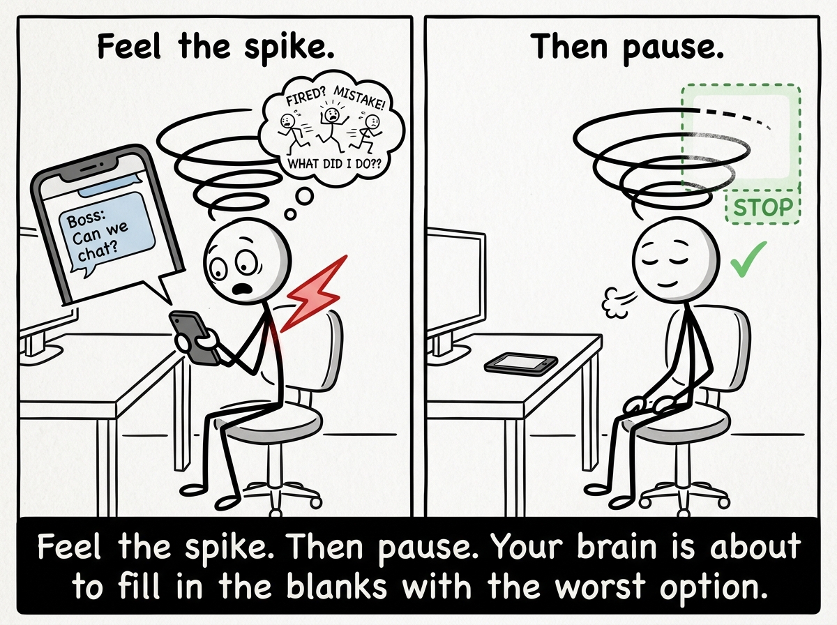 A stick figure reading 'Can we chat?' from their boss and feeling the spiral start, then pausing and catching themselves