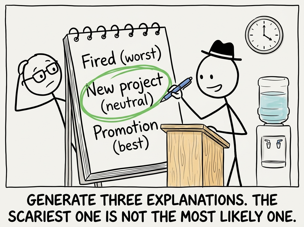 The stick figure writing three options on a notepad: 'Fired (worst), New project (neutral), Promotion (best)' and circling the neutral one