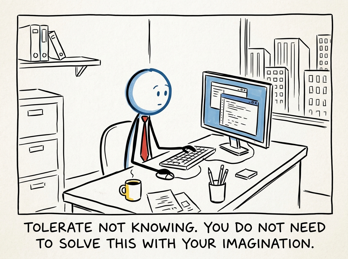 The stick figure going about their workday normally, letting the ambiguity sit without resolving it through catastrophizing