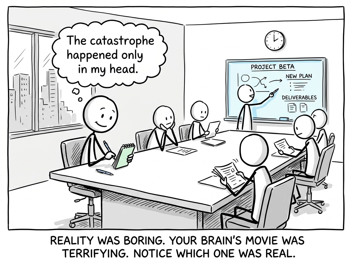 The stick figure in the meeting, learning it was about the new project, relieved and noting: 'The catastrophe happened only in my head'