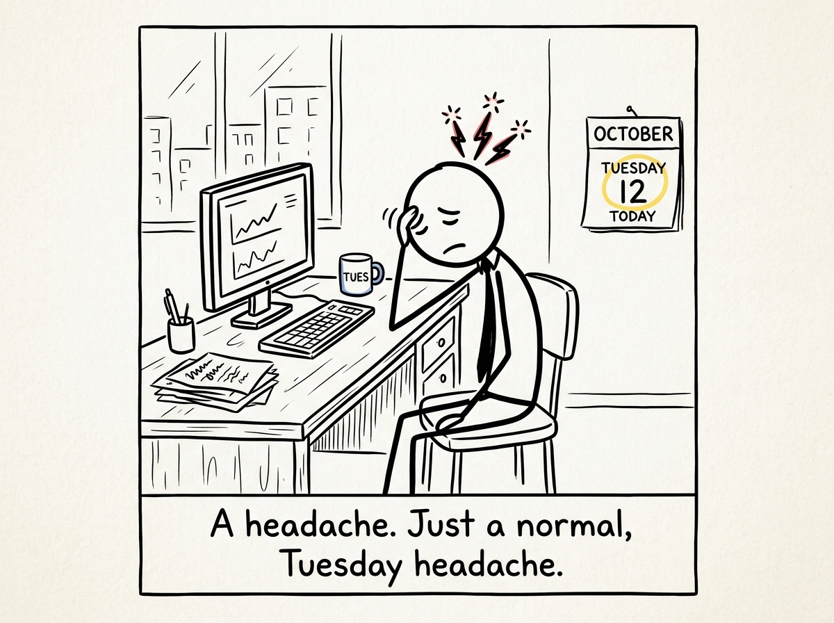 A stick figure sitting at a desk, rubbing their temple with a small pain indicator over their head