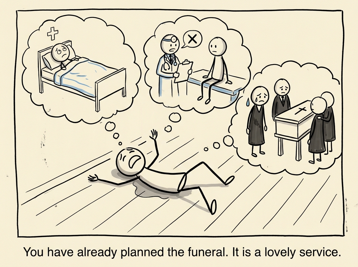 The stick figure lying dramatically on the floor, surrounded by thought bubbles showing a hospital bed, a doctor delivering bad news, and a sad funeral scene