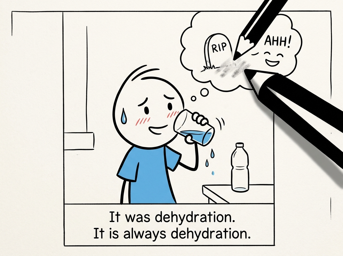 The stick figure drinking a glass of water, headache gone, looking sheepish while a tiny gravestone in their thought bubble gets erased