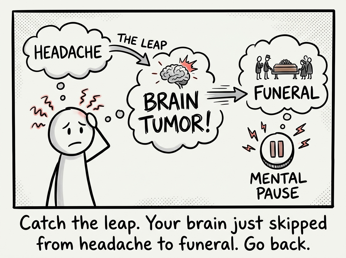 A stick figure feeling a headache and noticing their brain starting the leap to 'brain tumor,' then hitting a mental pause button
