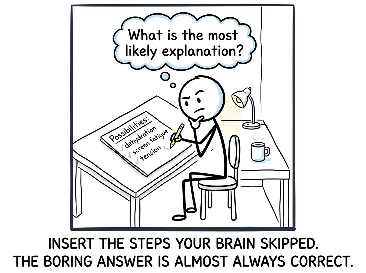 The stick figure asking themselves 'What is the most likely explanation?' and writing down: dehydration, screen fatigue, tension