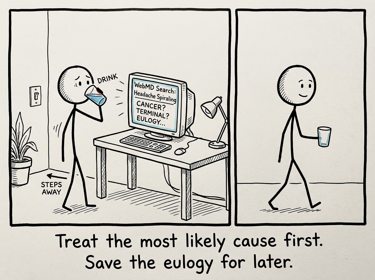 The stick figure drinking a glass of water and stepping away from the screen instead of spiraling through WebMD