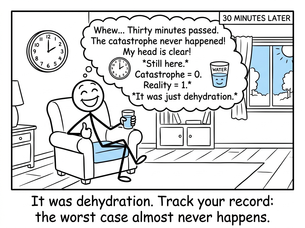 The stick figure headache-free thirty minutes later, noting that the catastrophe never materialized -- again