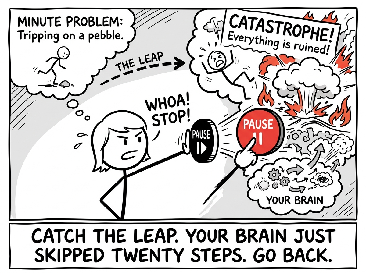 A stick figure noticing their brain making the leap from minor problem to catastrophe, and mentally hitting a pause button