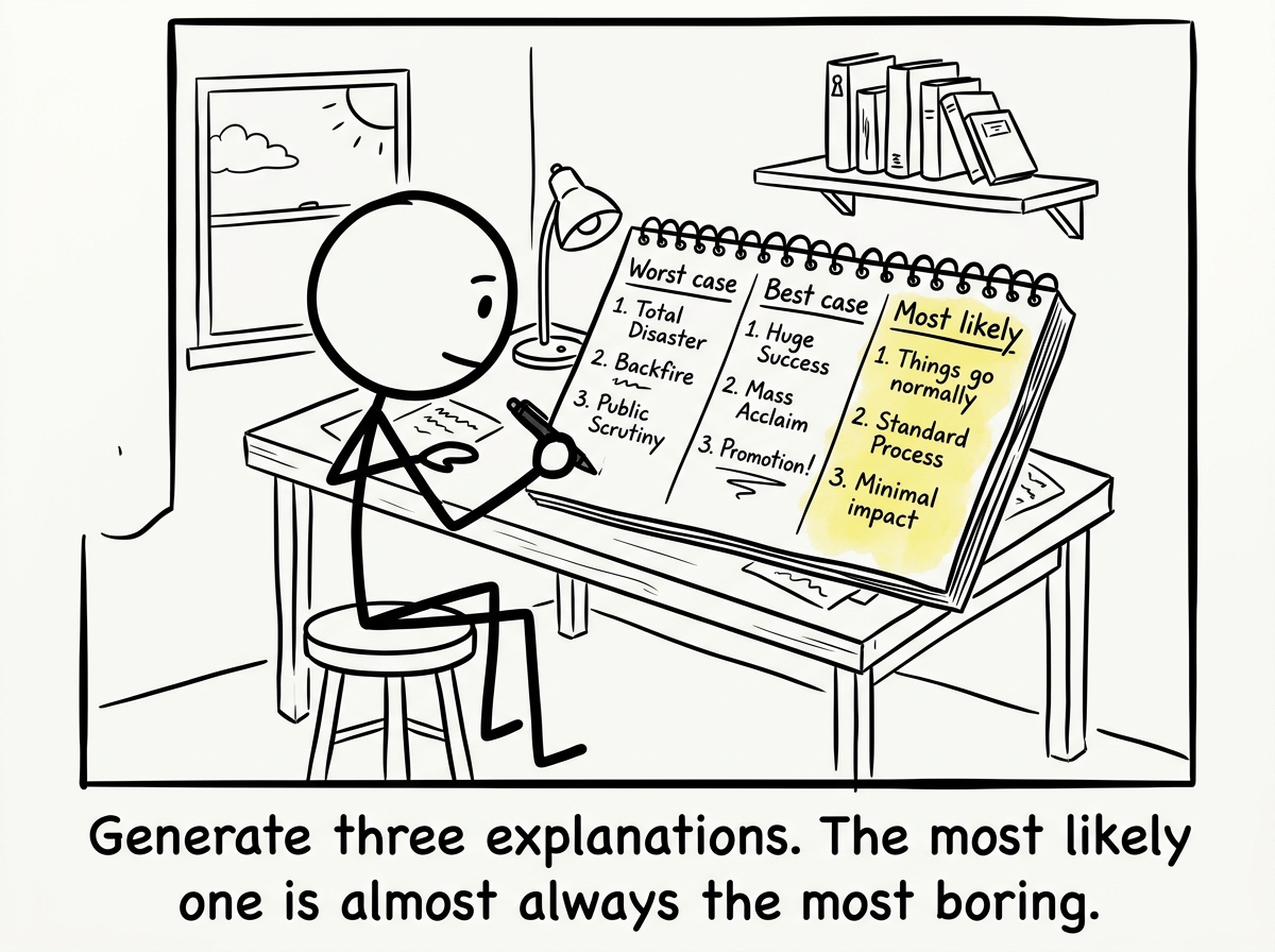 The stick figure writing three columns on a notepad: 'Worst case,' 'Best case,' and 'Most likely' with the most likely column highlighted