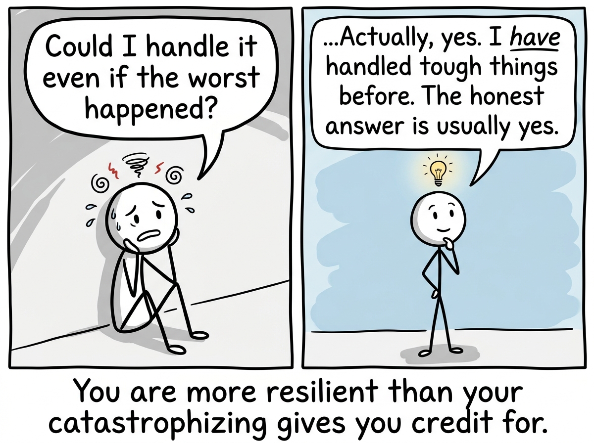The stick figure asking themselves 'Could I handle it even if the worst happened?' and realizing the honest answer is usually yes