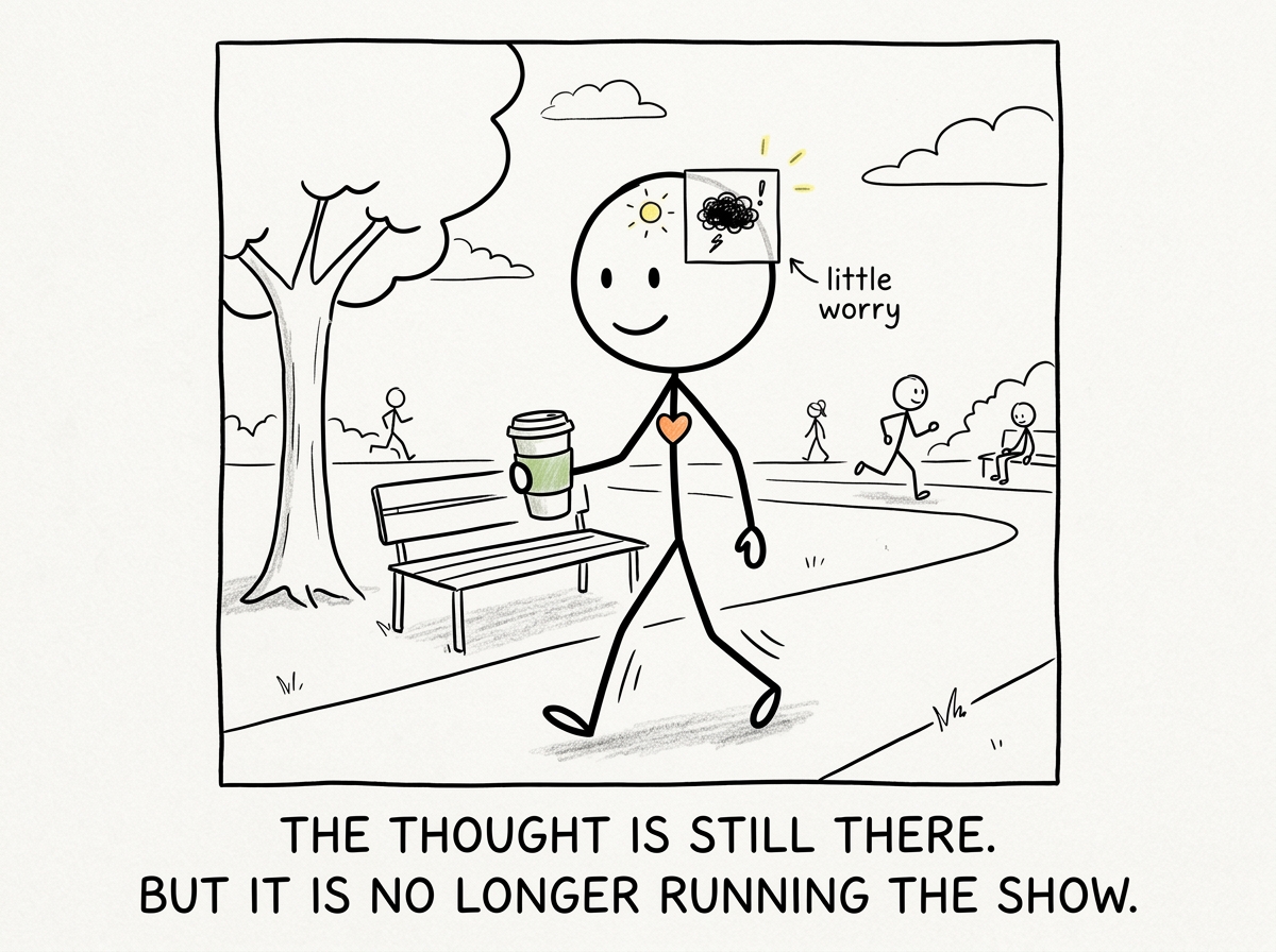 The stick figure going about their day with the catastrophic thought shrunk to a small, manageable size in the corner of their mind