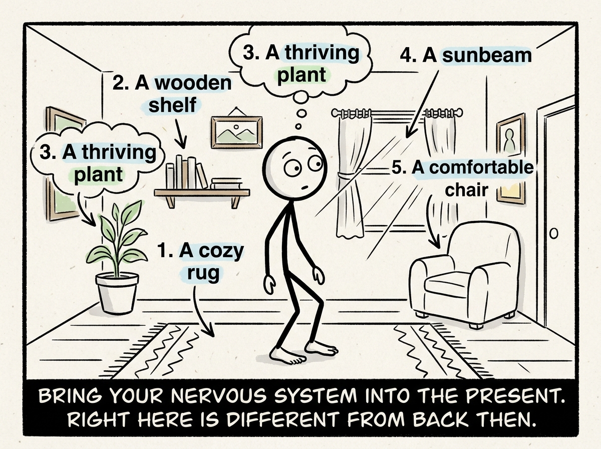 A stick figure doing a grounding exercise, feet flat on the floor, naming five things they can see in the safe room around them.