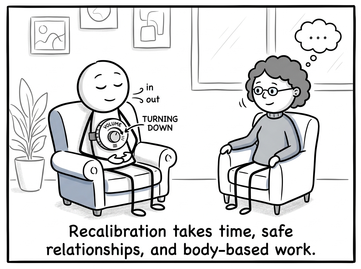 A stick figure sitting with a therapist, practicing slow breathing, the smoke detector on their chest still present but the volume dial turning down slightly.