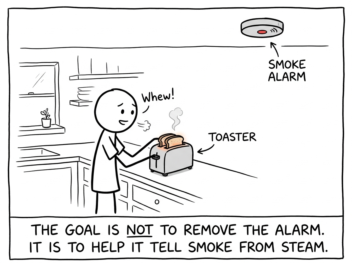 A stick figure making toast in a calm kitchen, a small puff of steam rising, the smoke detector staying quiet, the figure looking cautiously relieved.