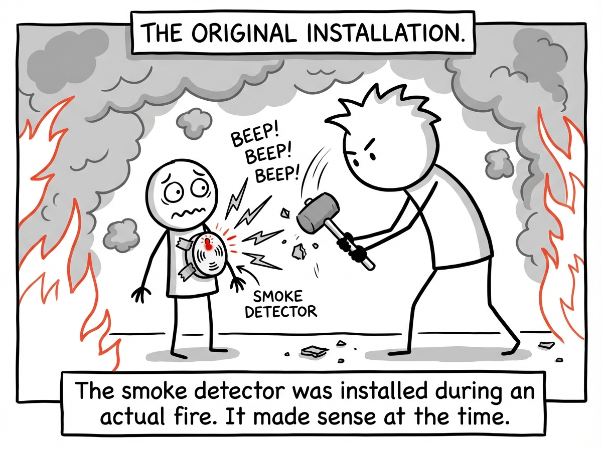 A stick figure as a child in a chaotic, smoke-filled room. A brand-new smoke detector is being installed on their chest. The detector is blaring loudly and appropriately -- there is real danger everywhere. The child looks scared but alert. Text reads 'The original installation'