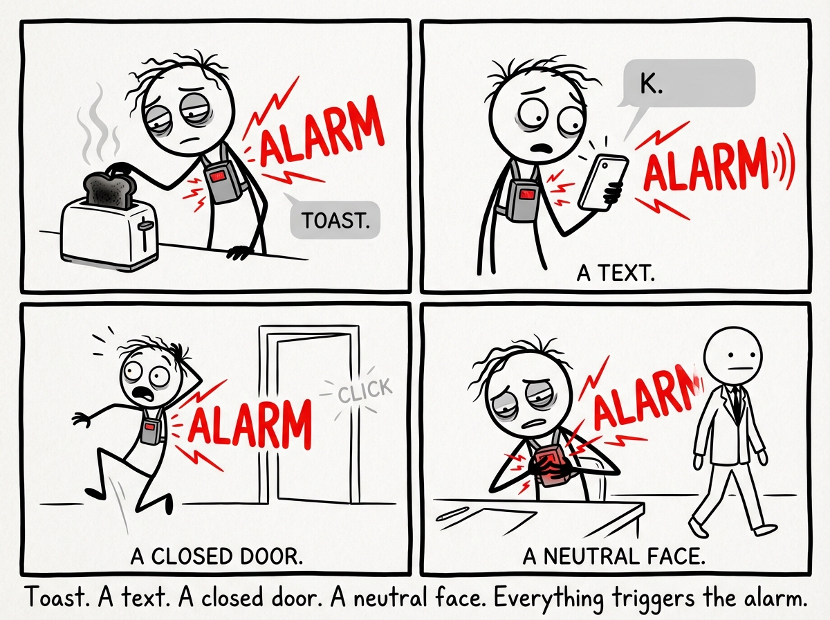 A montage of the figure's daily life with the detector going off in every situation: making toast (ALARM), receiving a neutral text (ALARM), hearing a door close (ALARM), a coworker walking past without saying hi (ALARM). The figure looks exhausted, pressing their hands against the detector trying to muffle it