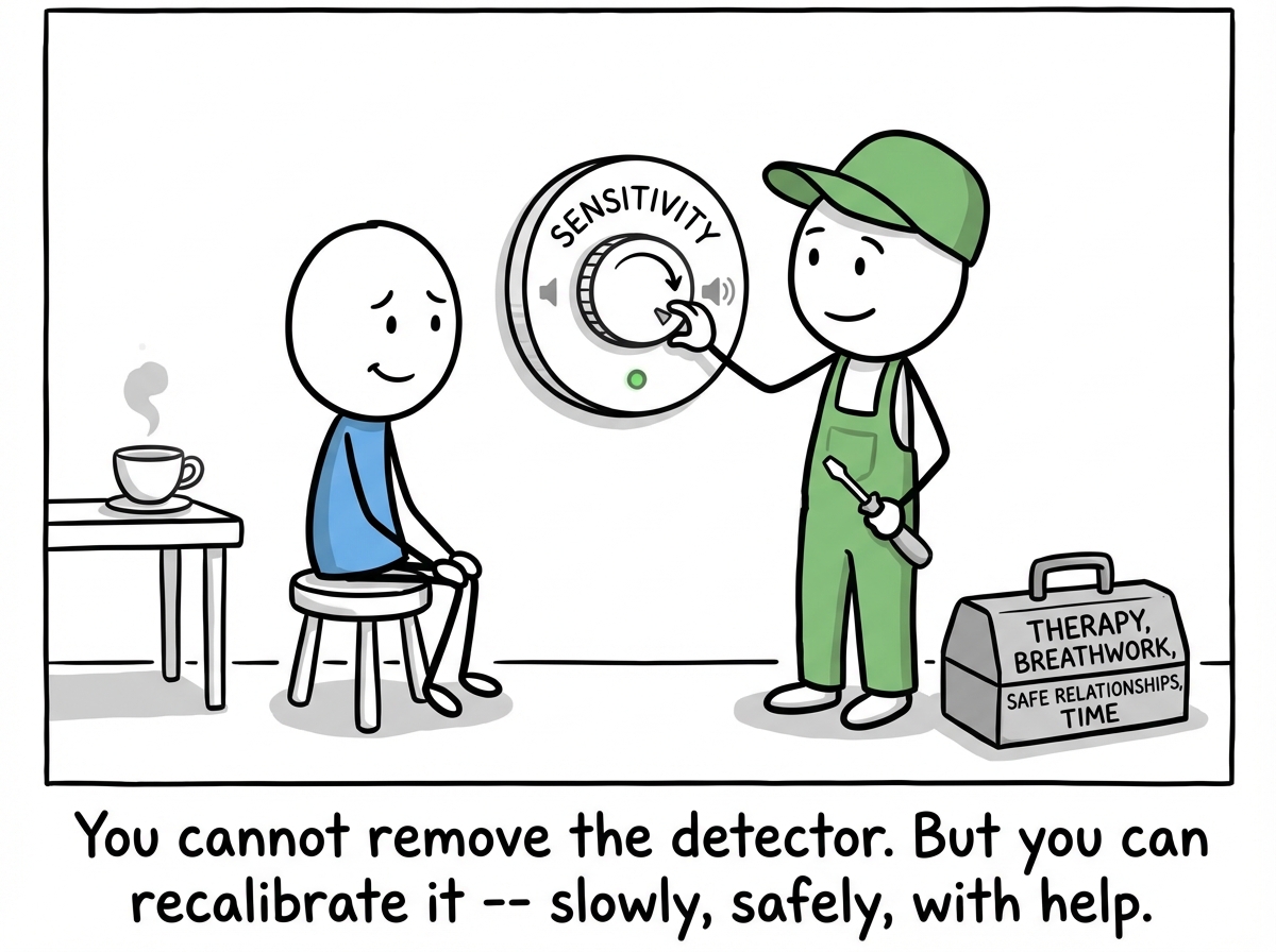The figure sitting with a kind technician who is gently adjusting the sensitivity dial on the smoke detector. The detector is still there but the volume is lower. The figure looks cautiously relieved. The technician's toolbox is labeled 'Therapy, breathwork, safe relationships, time.' A small puff of steam rises from a teacup and the detector stays quiet