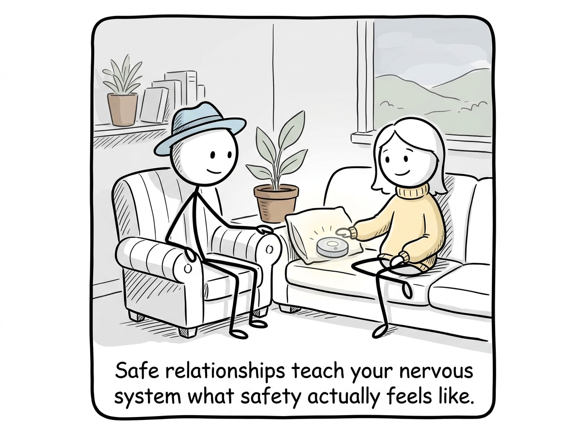 A stick figure sitting with a trusted person in a calm room, co-regulating, the detector quiet between them.
