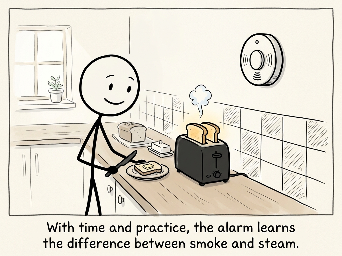 A stick figure making toast peacefully, a small puff of steam rising, the smoke detector staying quiet, the figure smiling gently.