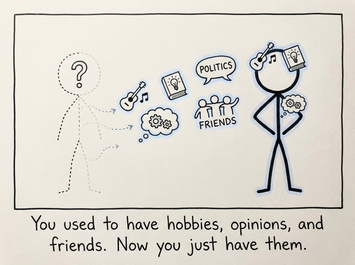 A stick figure whose distinct features, hobbies, and personality traits are visibly floating away from them and attaching to another stick figure, leaving the first person as a fading outline with a question mark where their face used to be