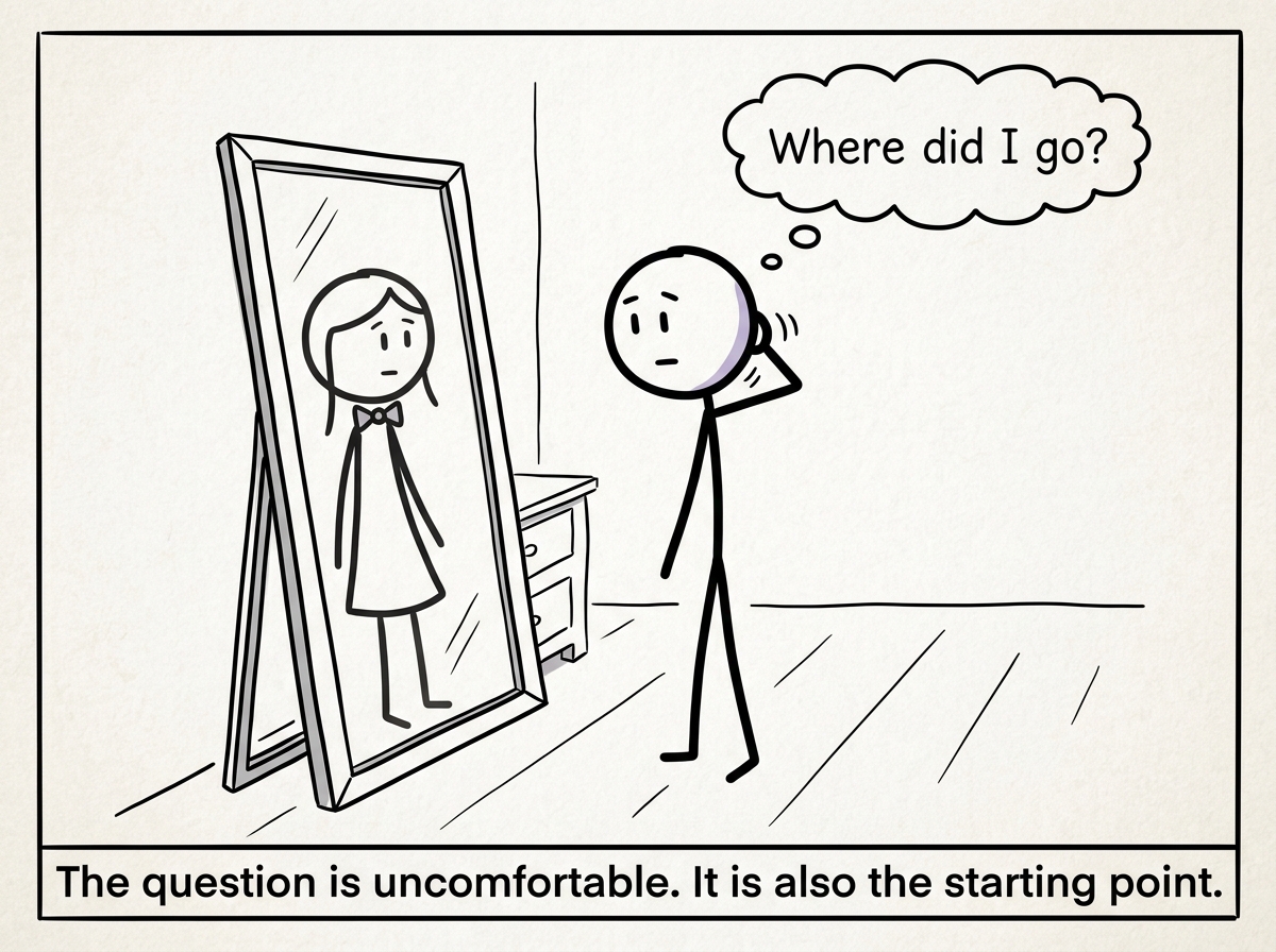 A stick figure looking in the mirror and seeing only their partner's reflection, pausing with the thought: 'Where did I go?'