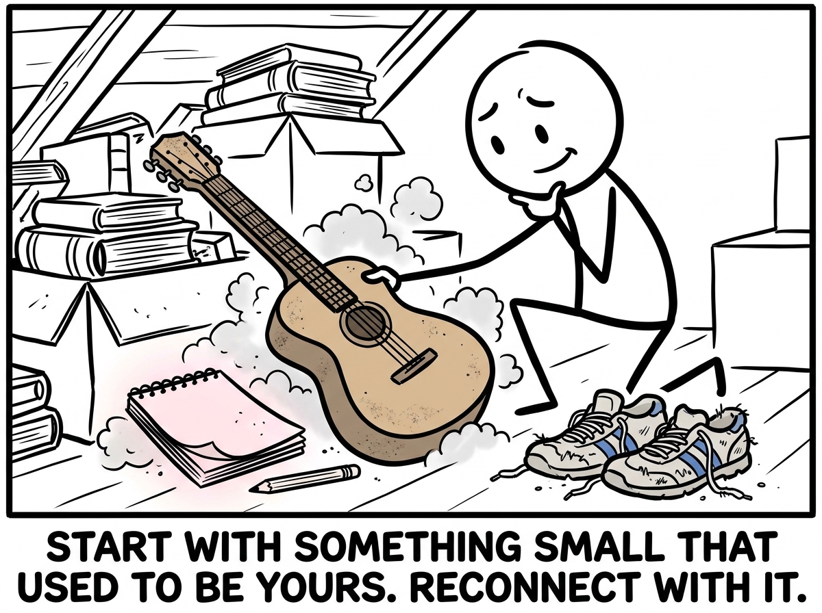 The figure pulling out an old hobby -- a guitar, a sketchbook, running shoes -- dusting it off with a tentative expression