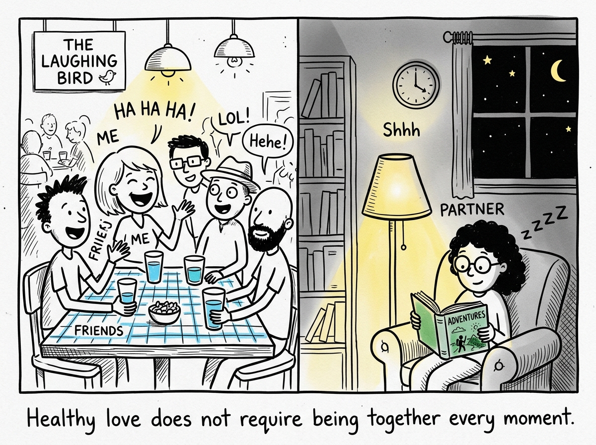 The figure spending an evening with their own friends, laughing, while their partner is somewhere else doing their own thing