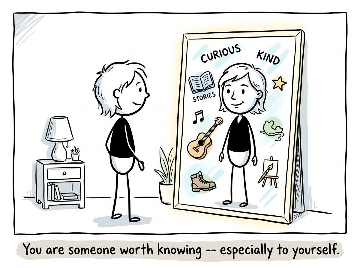 The figure looking in the mirror again, this time seeing their own face, interests, and identity clearly reflected back
