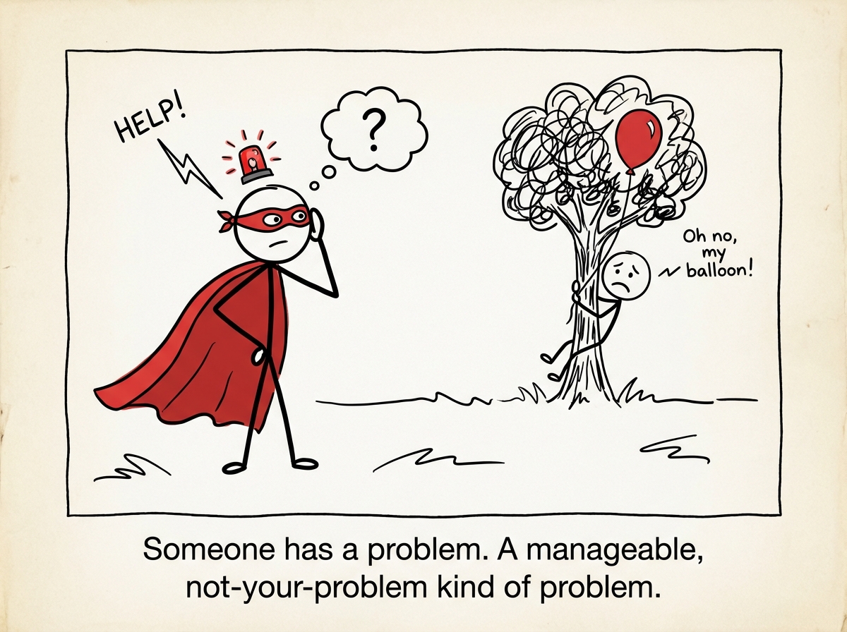 A stick figure in a superhero cape hearing a distress signal from another stick figure who has a small, manageable problem
