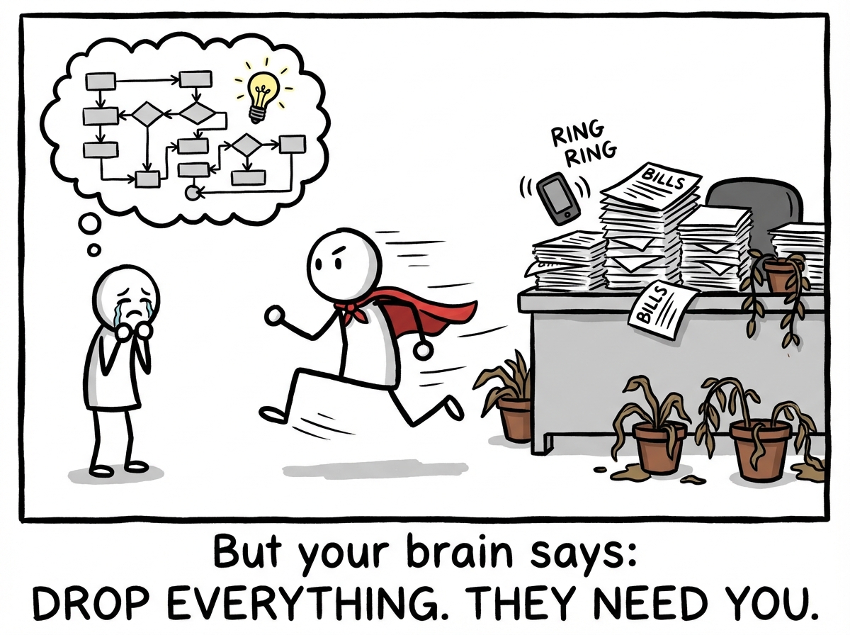 The caped stick figure sprinting toward the person in distress, already formulating a complete solution, while behind them their own life is shown in chaos: bills piling up, phone ringing, plants dying