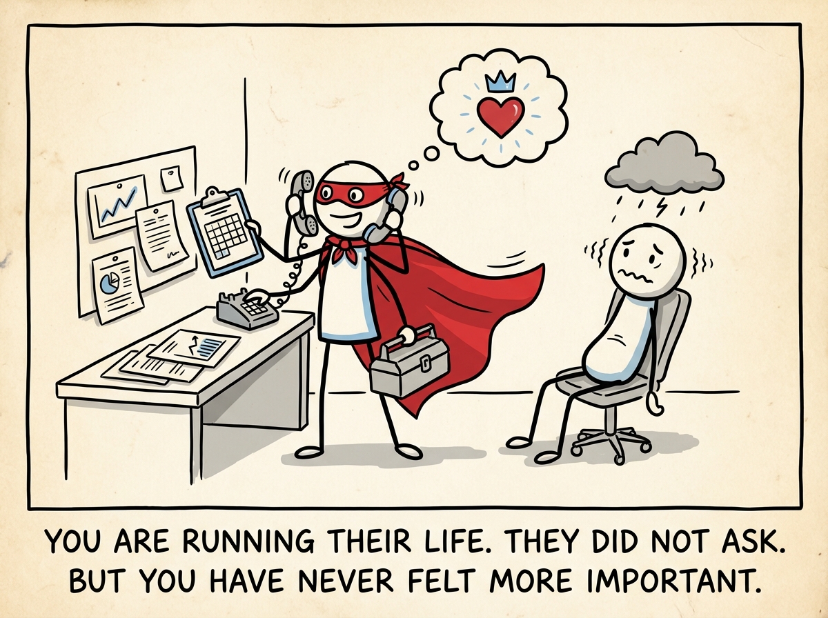 The caped stick figure completely managing the other person's life -- making their calls, solving their problems, organizing their schedule -- while the helped person looks uncomfortable and the caped figure looks alive with purpose