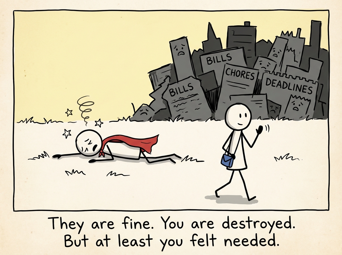 The caped stick figure collapsed from exhaustion, while the 'rescued' person walks away fine, and the hero's own neglected problems tower behind them larger than before