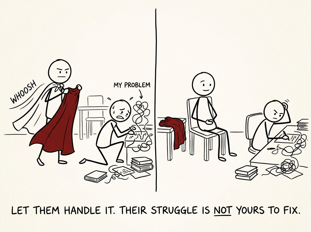 The figure taking off the cape and sitting with empty hands while someone else works through their own problem nearby