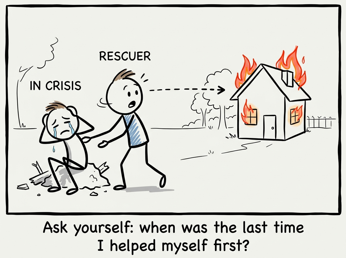 A stick figure pausing mid-rescue of someone else's crisis, noticing their own house is on fire behind them