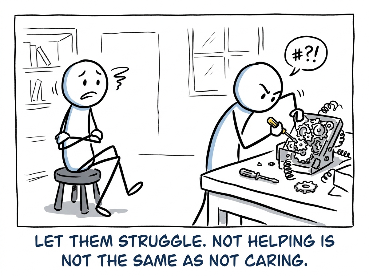 The stick figure sitting with empty hands, feeling uncomfortable, while the other person solves their own problem nearby