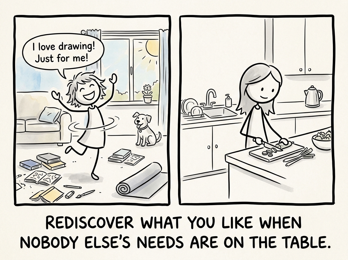 The stick figure doing something just for themselves -- painting, running, reading -- while the other person handles their own life