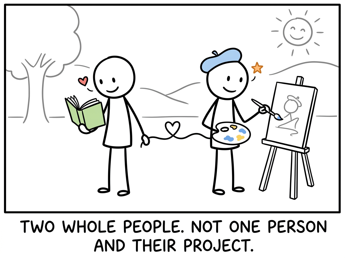 Both stick figures standing side by side as complete people, connected but not merged, each with their own activities and interests