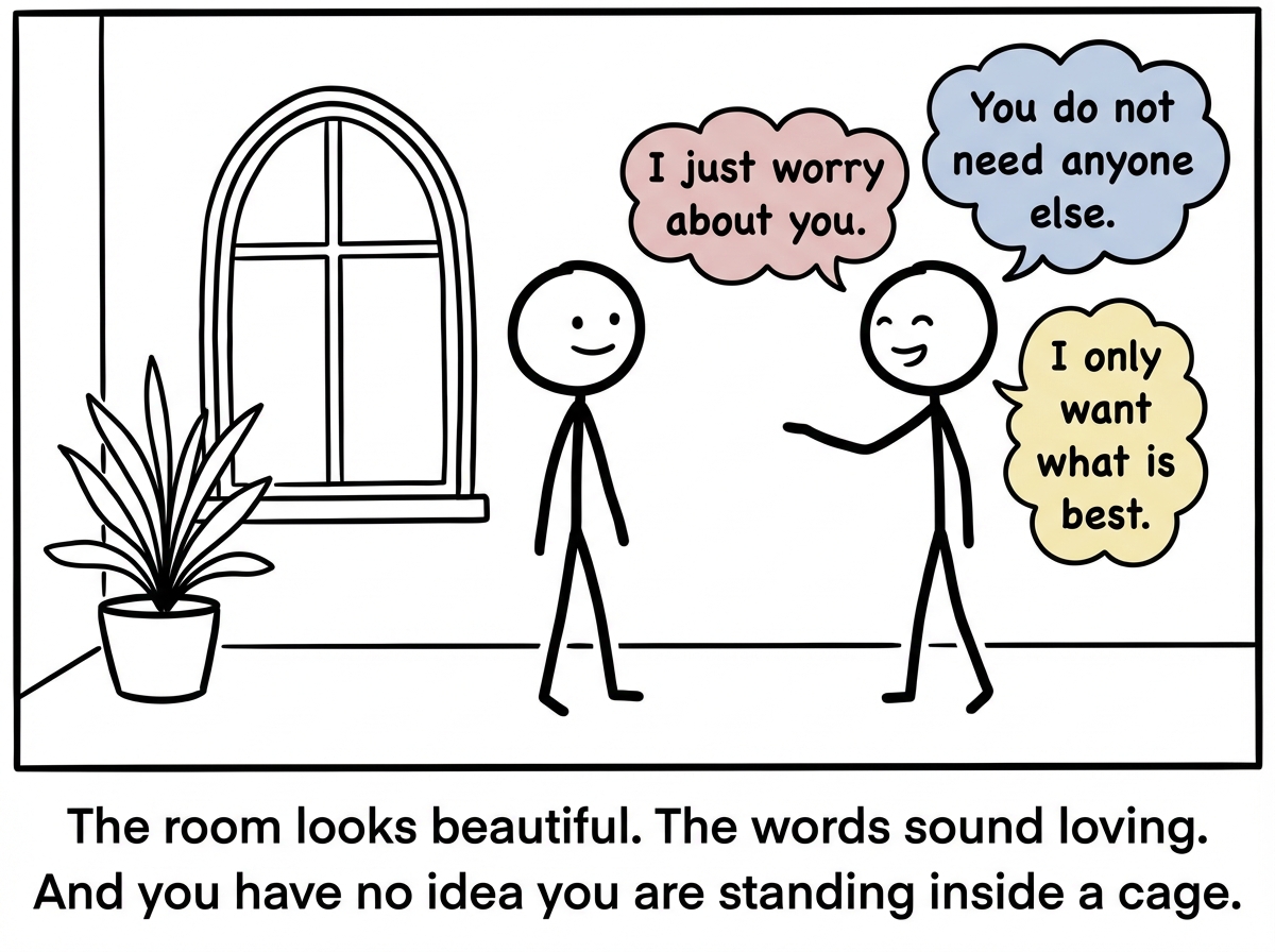 A stick figure stands in what appears to be an open, pleasant room. Another stick figure -- the controller -- stands nearby with a warm smile, arm extended in a welcoming gesture. Floating around the room are soft, pastel-colored speech bubbles reading 'I just worry about you,' 'You do not need anyone else,' and 'I only want what is best.' The first figure looks comfortable, even grateful. Nothing looks wrong.