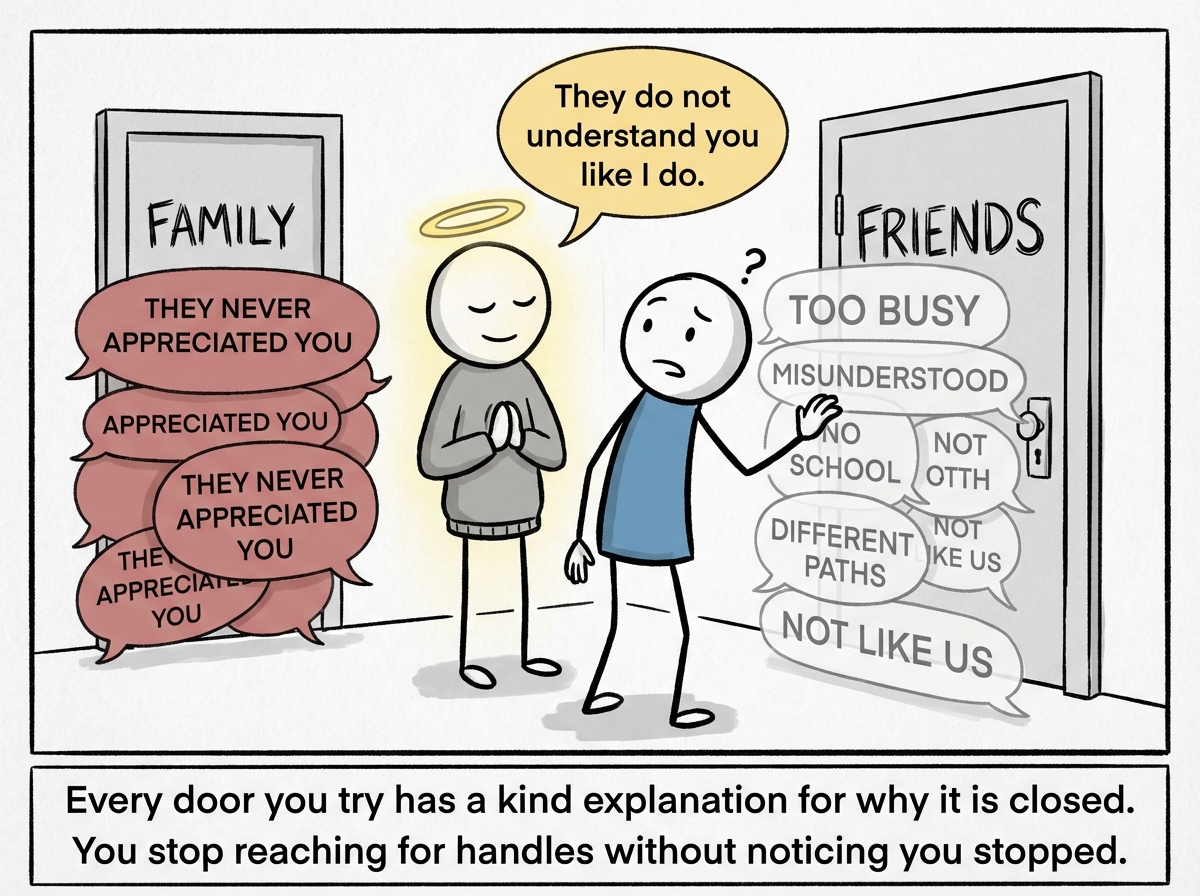 The first stick figure tries to walk toward a door labeled 'FRIENDS,' but the speech bubbles have quietly rearranged themselves into a wall blocking the path. The controller stands behind them with the same warm smile, saying 'They do not understand you like I do.' Another door labeled 'FAMILY' is similarly blocked by bubbles reading 'They never appreciated you.' The figure looks confused but not yet alarmed, turning back.