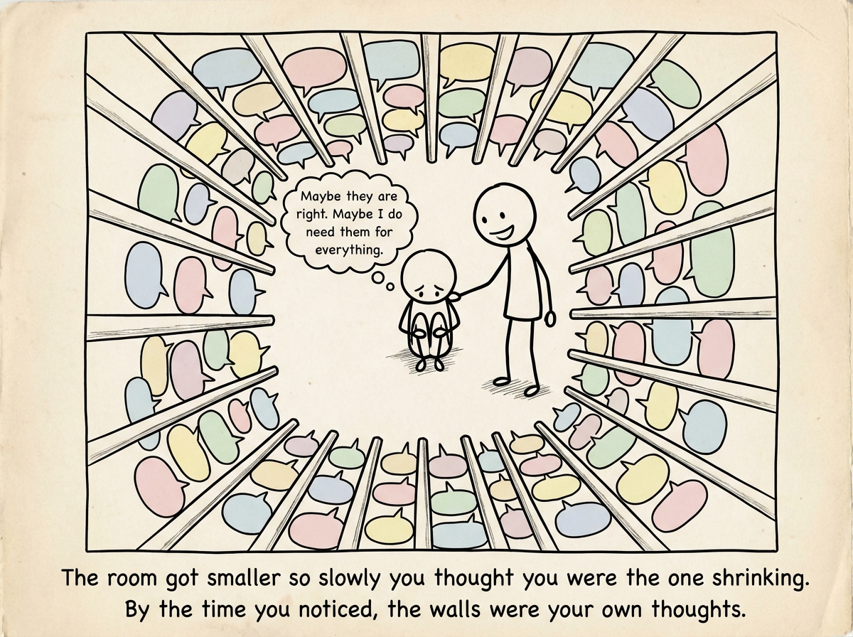 The stick figure sits in the center of the room, which has grown smaller. The pastel speech bubbles now completely surround them in a tight circle, forming clearly visible cage bars when seen from above. The controller stands outside the ring, still smiling, hand on the figure's shoulder. The figure looks small and hunched. A thought bubble reads 'Maybe they are right. Maybe I do need them for everything.'