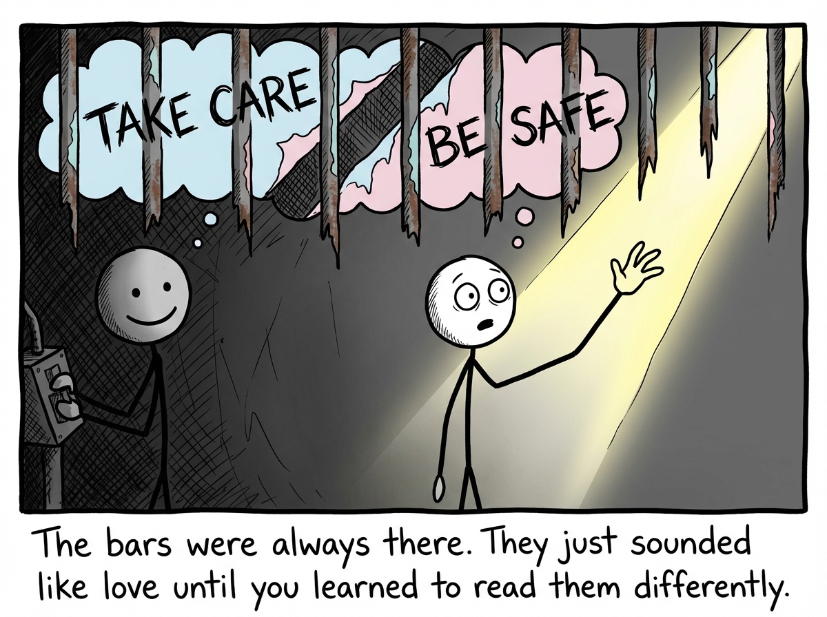 The stick figure stands up straight, eyes wide with sudden recognition. The pastel speech bubbles are now visible as iron bars, their soft colors peeling to reveal cold metal underneath. The words are still legible but now look menacing instead of kind. The controller's warm smile has not changed, but the figure can finally see it for what it is. A single crack of light comes through the bars. The figure's hand reaches toward it.