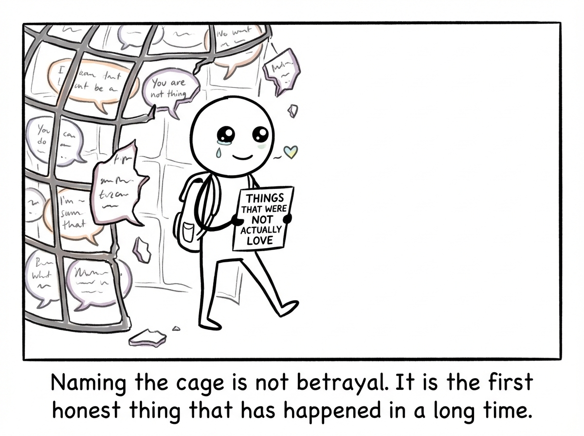 A stick figure standing outside a crumbling cage made of speech bubbles, looking back at it with clear eyes, holding a list labeled 'Things that were not actually love' while taking a tentative step forward into open space.