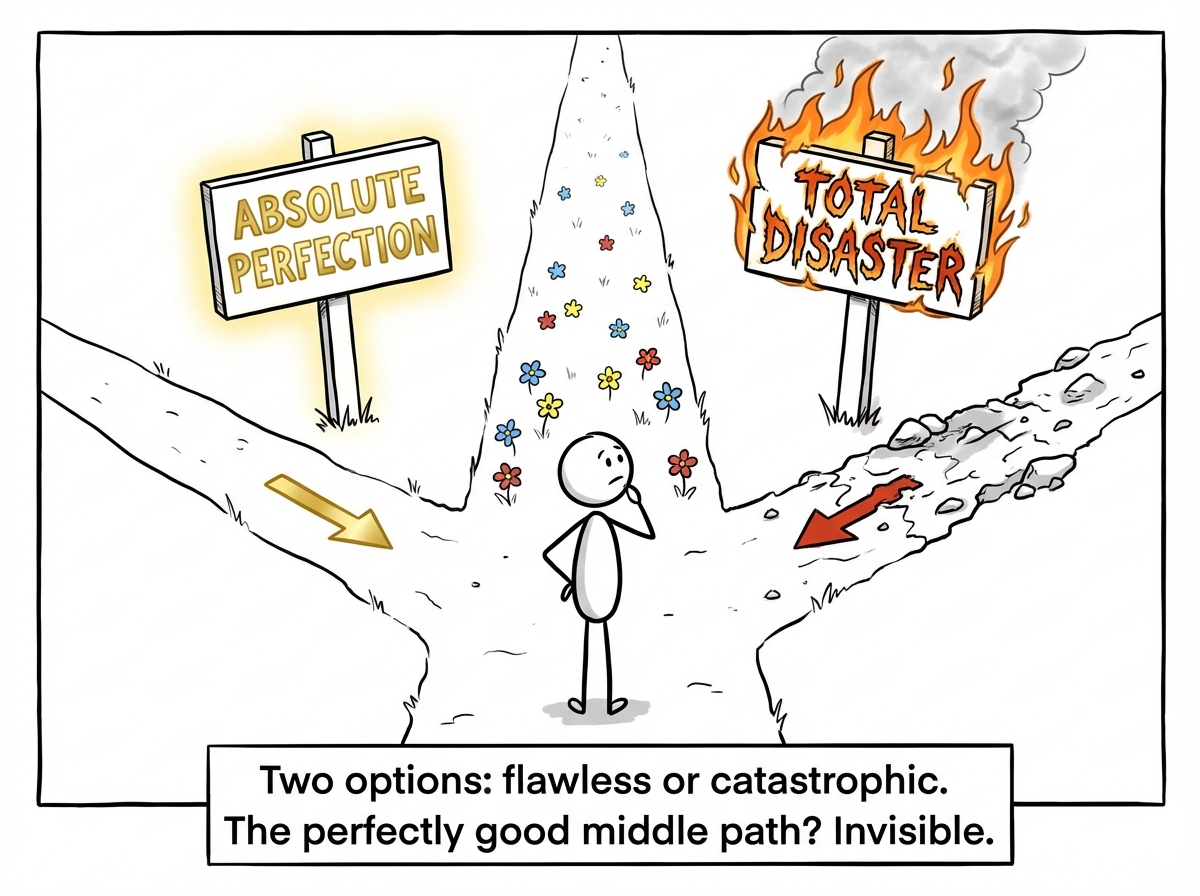 A stick figure standing at a fork in the road, with one path labeled 'ABSOLUTE PERFECTION' in gold and the other labeled 'TOTAL DISASTER' in flames, while a perfectly nice middle path covered in flowers goes completely unnoticed