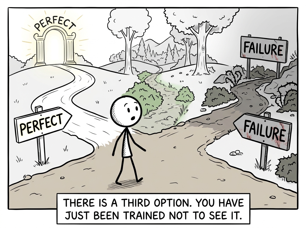 A stick figure standing at the fork between 'Perfect' and 'Failure,' then noticing the middle path for the first time